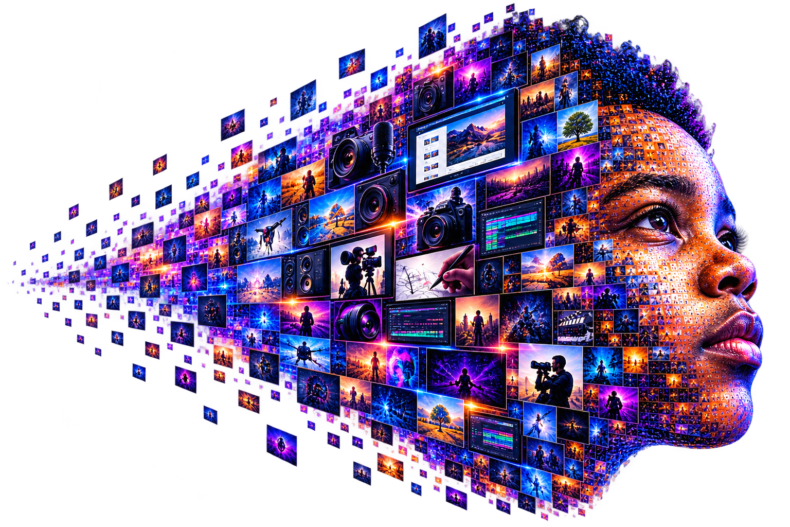 Young creative mind composed of photography, graphic design, music, web and video mosaic images