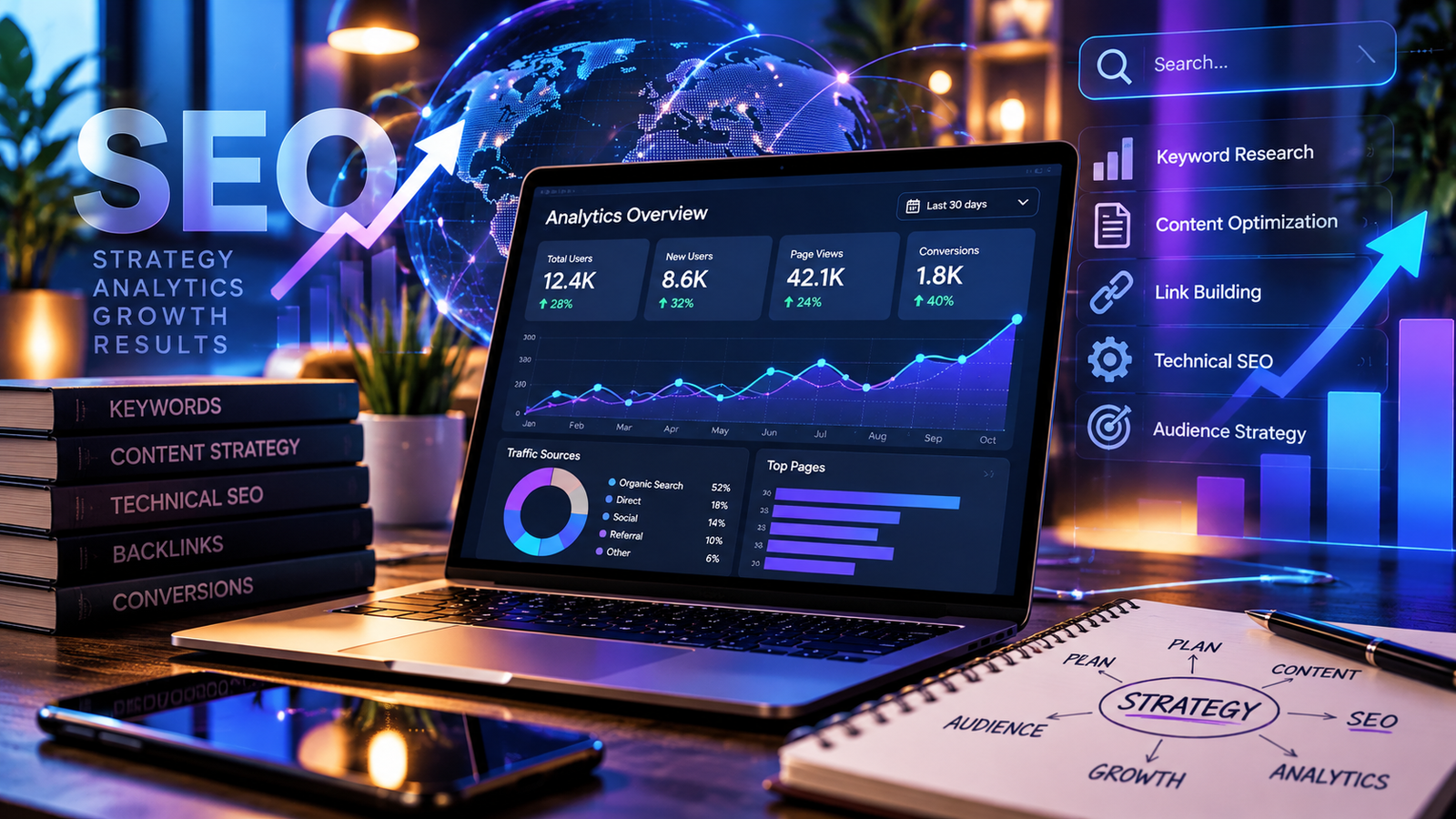 SEO strategy and analytics dashboard with search optimization and growth charts
