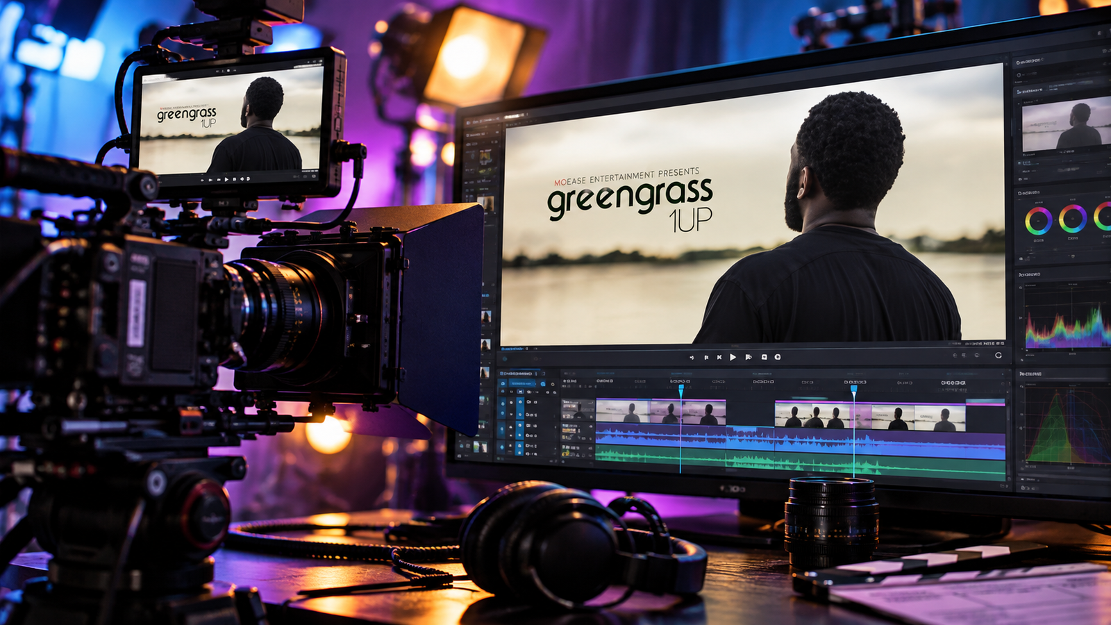 Green Grass 1UP music video in a cinematic production studio