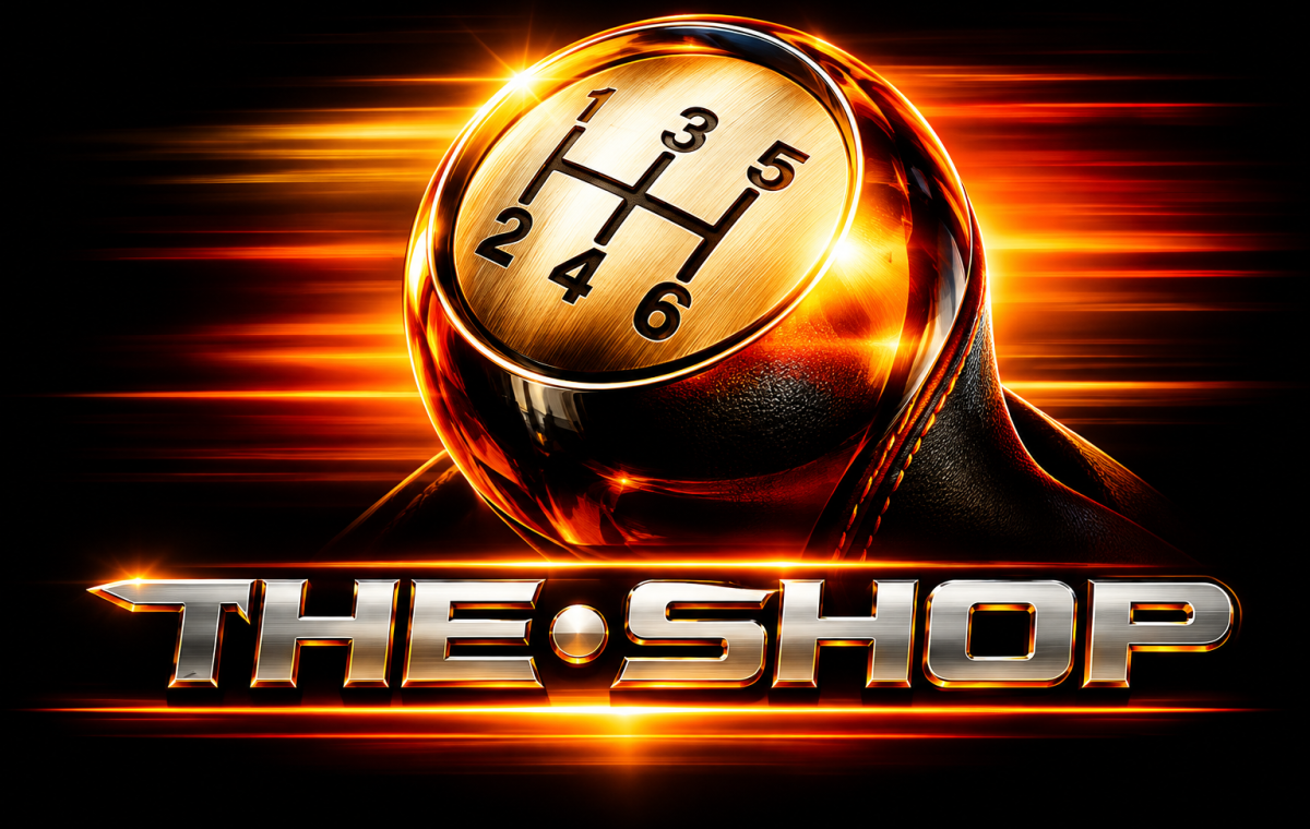 Cinematic Golden Gearshift Shop Logo