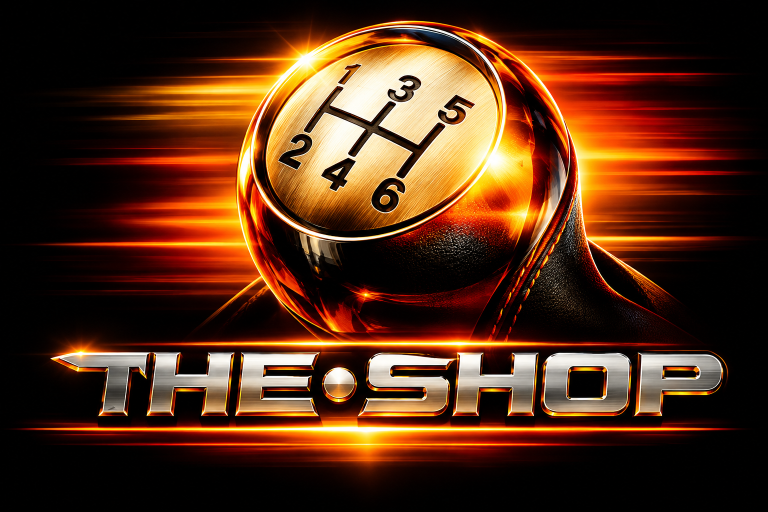 Cinematic Golden Gearshift Shop Logo