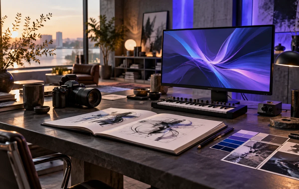 An imagined creative studio with a camera, sketchbook, music keyboard and violet-blue digital artwork