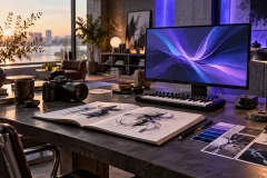 An imagined creative studio with a camera, sketchbook, music keyboard and violet-blue digital artwork