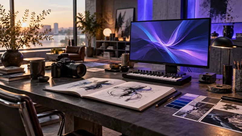 An imagined creative studio with a camera, sketchbook, music keyboard and violet-blue digital artwork