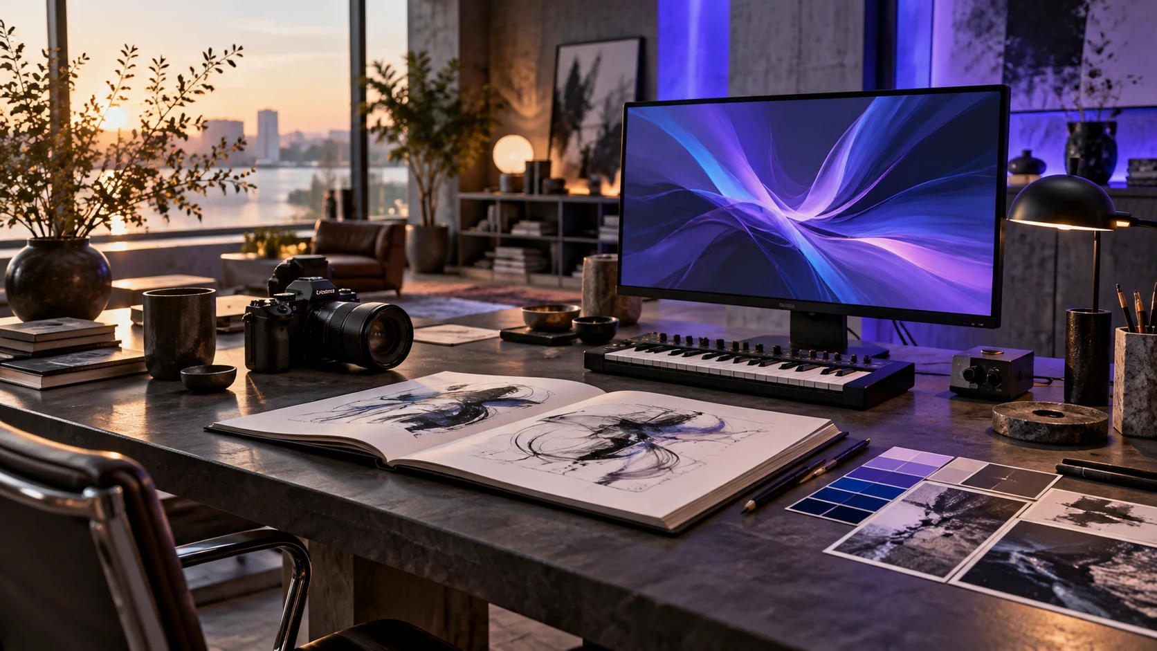 An imagined creative studio with a camera, sketchbook, music keyboard and violet-blue digital artwork