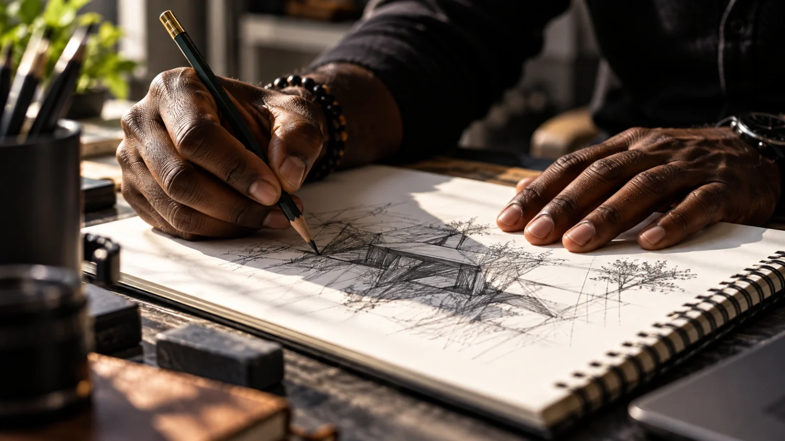 Dark-brown Black hands drawing an architectural sketch in a white spiral-bound sketchbook under warm cinematic light.