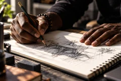 Dark-brown Black hands drawing an architectural sketch in a white spiral-bound sketchbook under warm cinematic light.