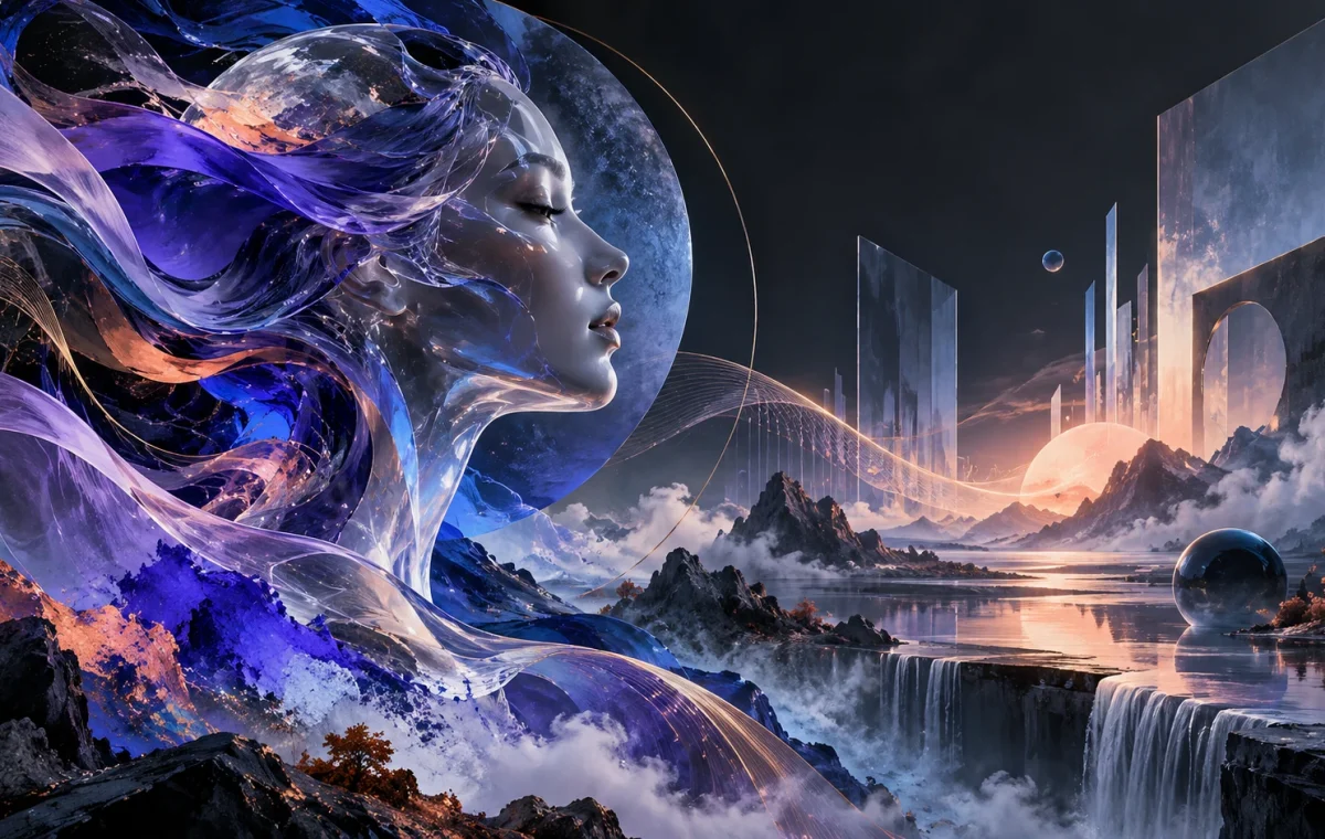 A translucent human profile surrounded by flowing violet-blue ribbons and a luminous imagined landscape
