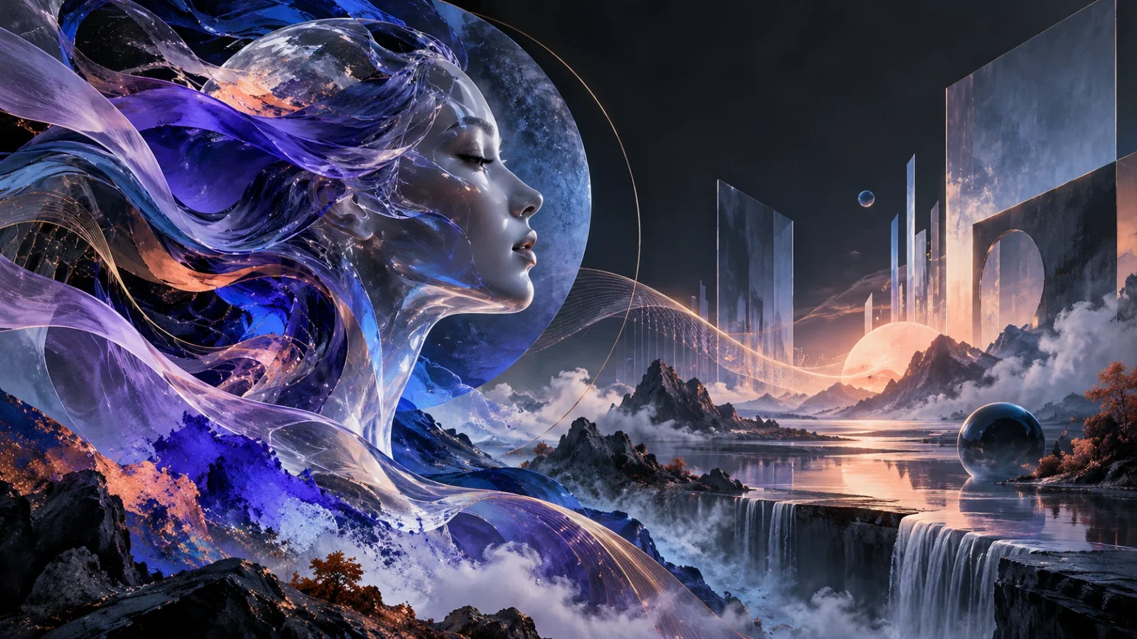 A translucent human profile surrounded by flowing violet-blue ribbons and a luminous imagined landscape