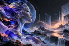 A translucent human profile surrounded by flowing violet-blue ribbons and a luminous imagined landscape