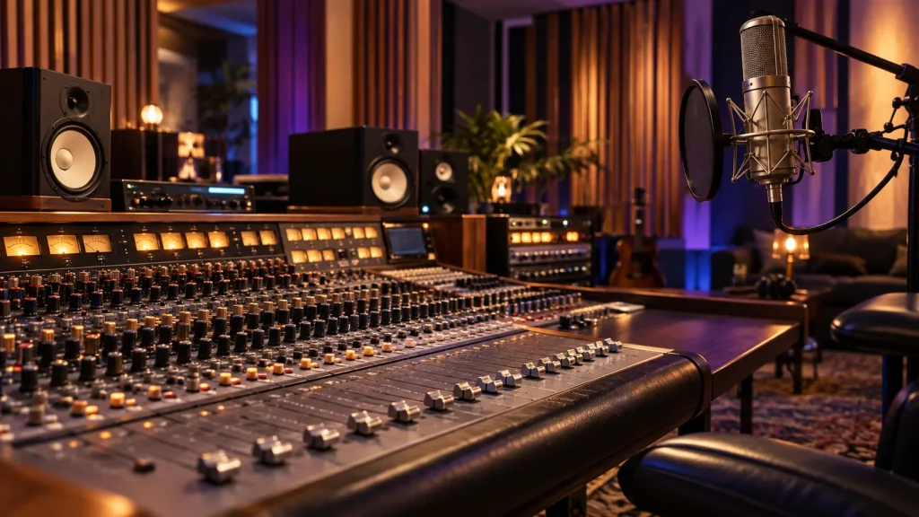 Imagined recording studio with analog mixing console, condenser microphone, studio monitors and warm violet lighting