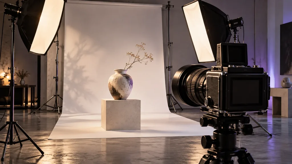 Imagined product photography studio with camera, softbox lights, seamless backdrop and a ceramic vase