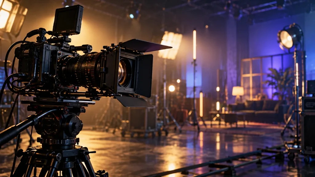 Imagined cinematic production set with a cinema camera, matte box and warm violet studio lighting