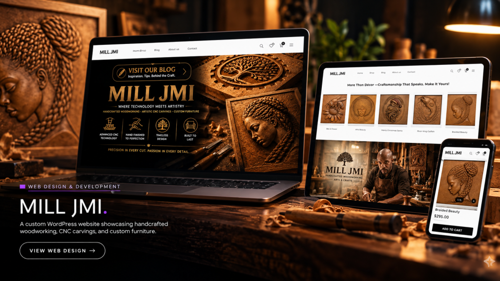 MILL JMI website design showcase on laptop, tablet and mobile screens