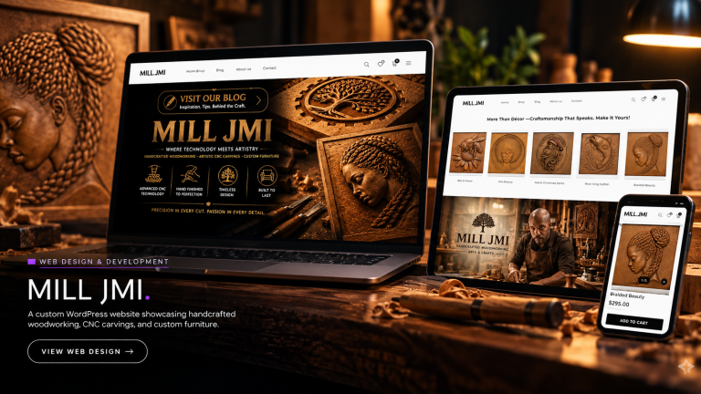 MILL JMI website design showcase on laptop, tablet and mobile screens