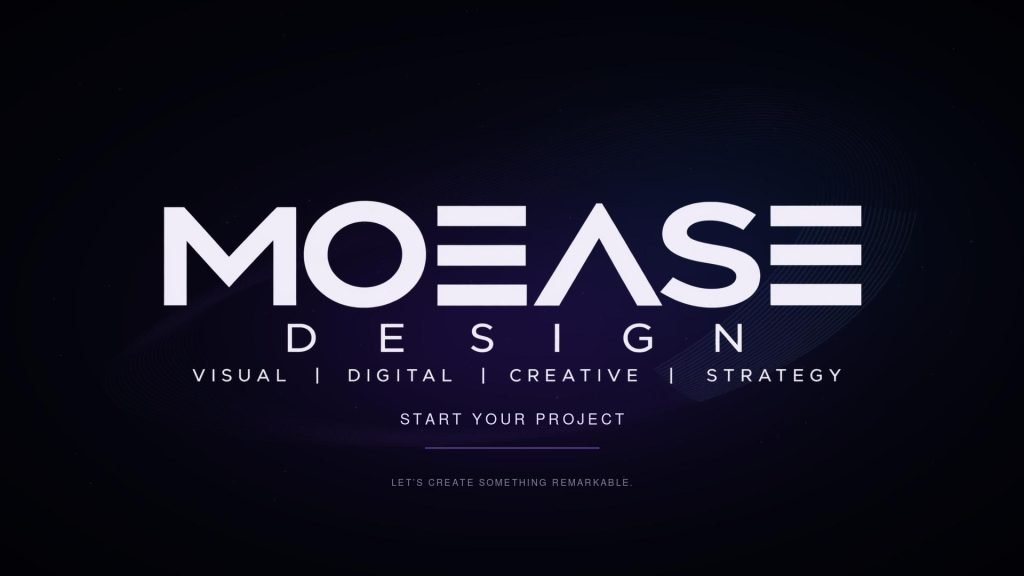 Moease Design logo revealed against a cinematic violet-blue background, with Start Your Project beneath it.