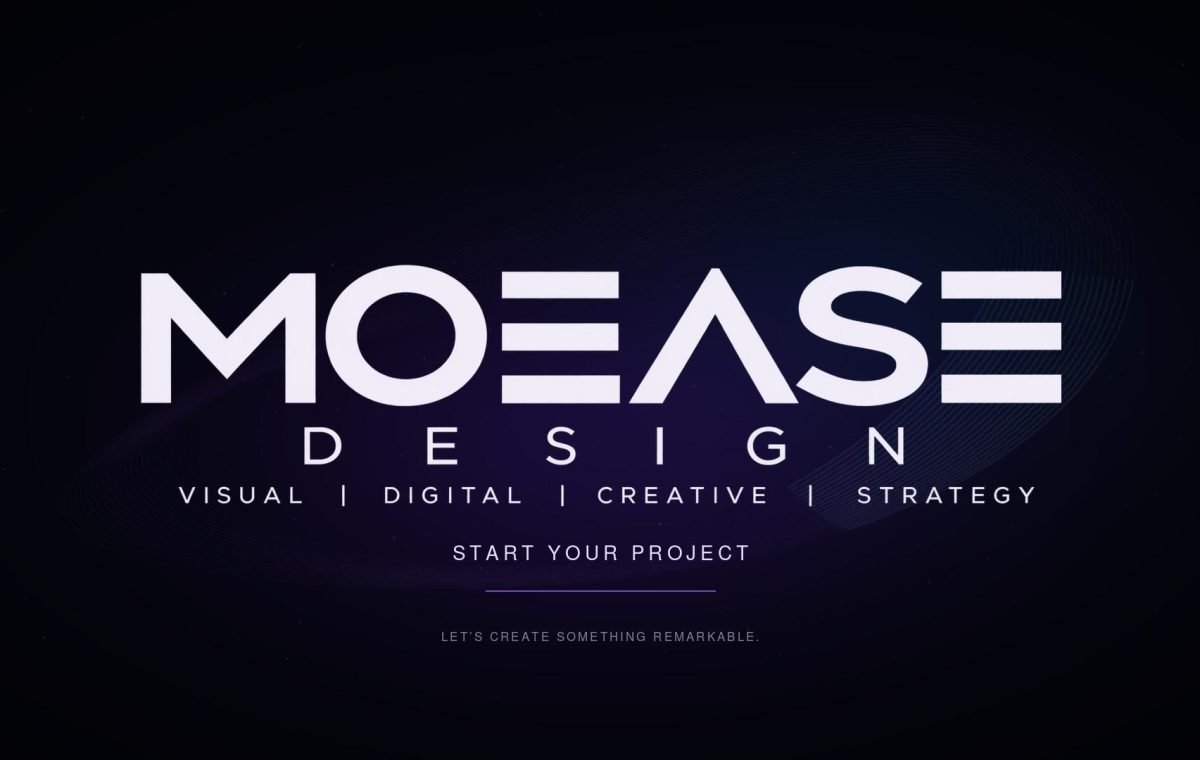 Moease Design logo revealed against a cinematic violet-blue background, with Start Your Project beneath it.