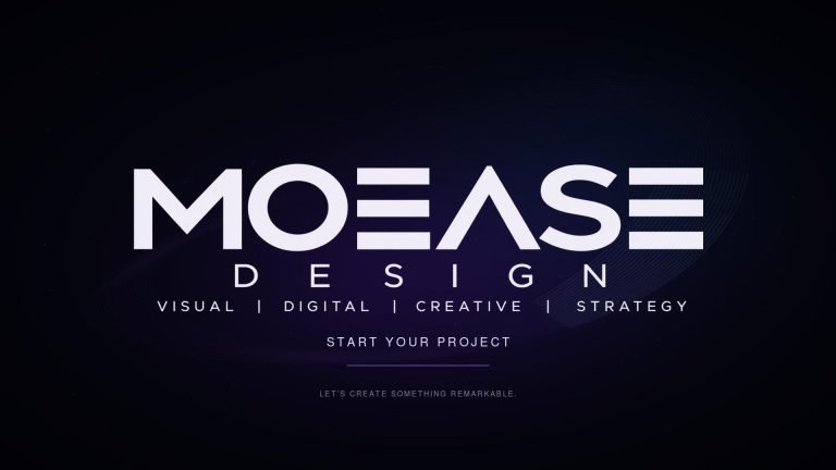 Moease Design logo revealed against a cinematic violet-blue background, with Start Your Project beneath it.