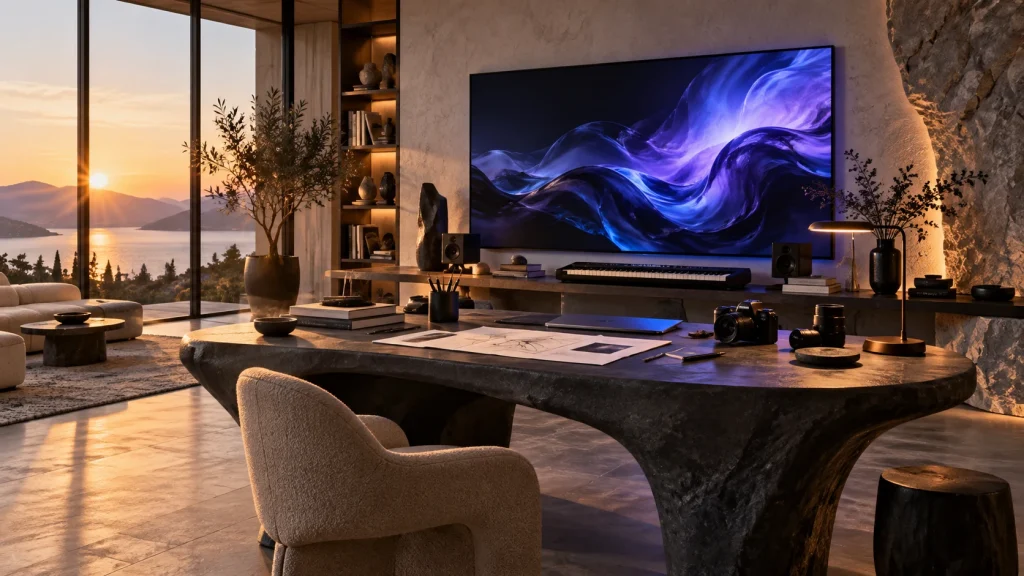 An imagined creative studio with a sculptural desk, camera, music keyboard and flowing violet-blue digital artwork