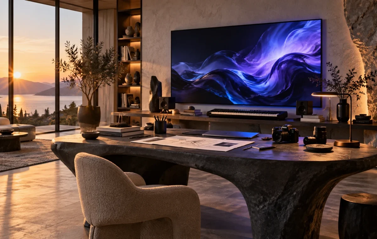 An imagined creative studio with a sculptural desk, camera, music keyboard and flowing violet-blue digital artwork