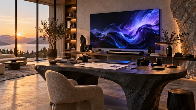 An imagined creative studio with a sculptural desk, camera, music keyboard and flowing violet-blue digital artwork