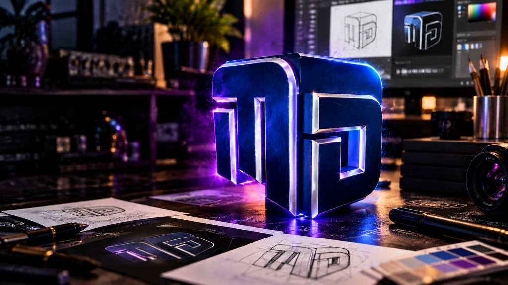Metallic blue and purple 3D Moease Design MD monogram in a cinematic creative studio, without text