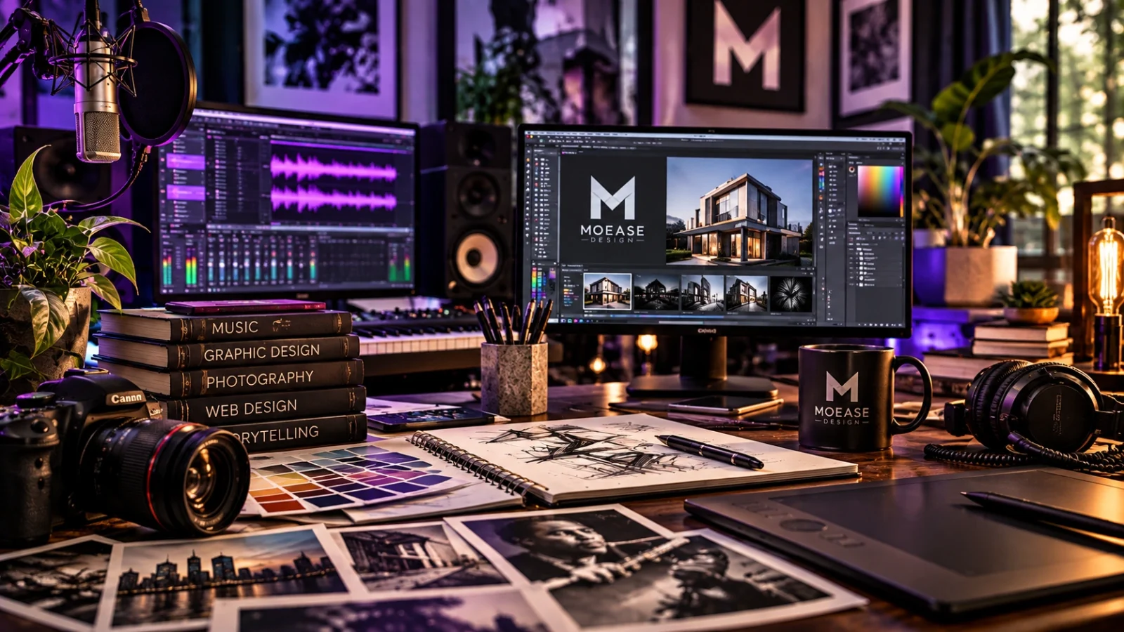 Multidisciplinary Moease Design creative studio featuring music production, photography, graphic design, and digital design equipment.