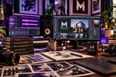 Multidisciplinary Moease Design creative studio featuring music production, photography, graphic design, and digital design equipment.
