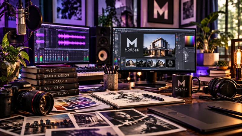Multidisciplinary Moease Design creative studio featuring music production, photography, graphic design, and digital design equipment.