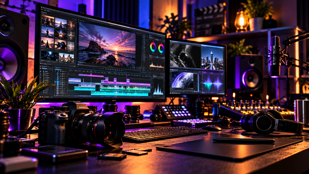 Cinematic multimedia production studio with digital camera, editing screens, audio equipment and creative workspace