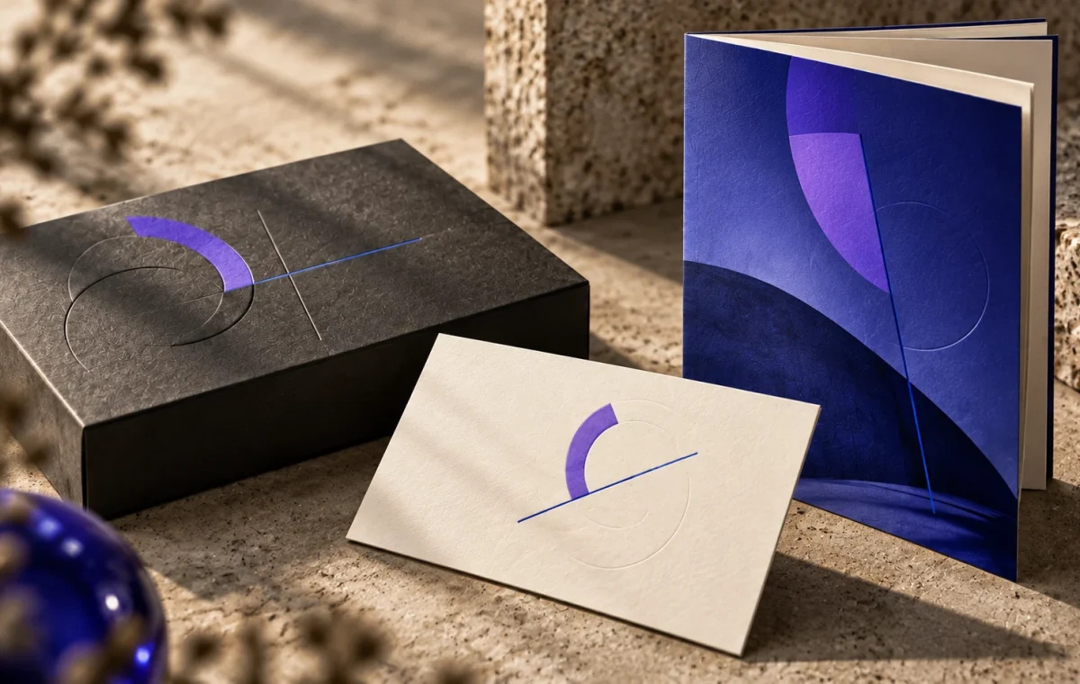 Placeholder close-up of a fictional violet-blue identity on tactile packaging and a booklet
