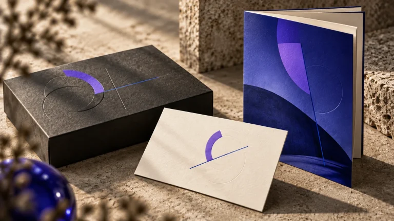 Placeholder close-up of a fictional violet-blue identity on tactile packaging and a booklet