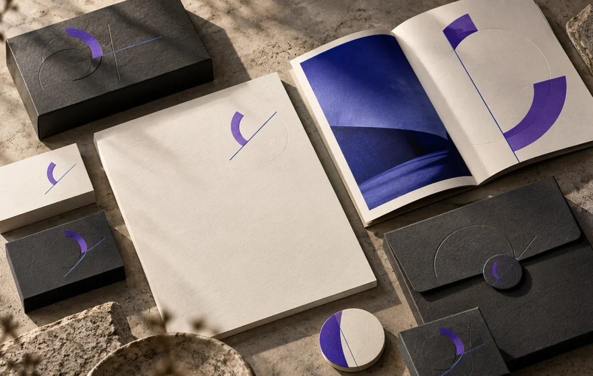 Placeholder identity study with cream stationery, charcoal packaging and violet geometric marks
