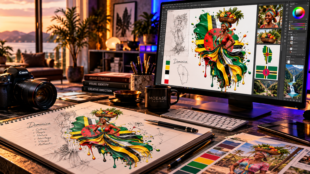 Creative studio monitor showing the Dominica woman and island identity design alongside original concept sketches