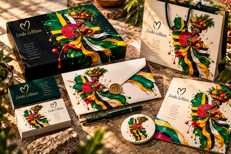 Linda LeBlanc branding presentation featuring a heart logo and Dominica-inspired illustration on envelopes, business cards and packaging