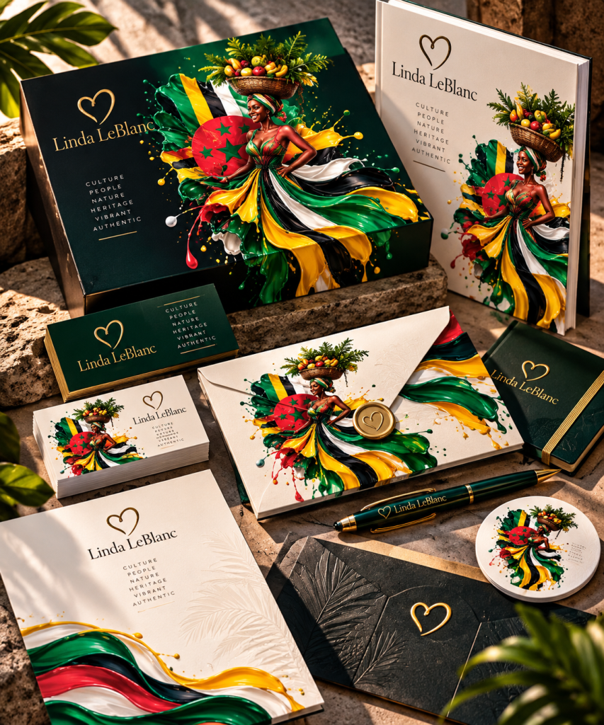 Linda LeBlanc Dominica-inspired corporate identity collection with illustrated packaging, brand book, stationery, business cards and envelopes
