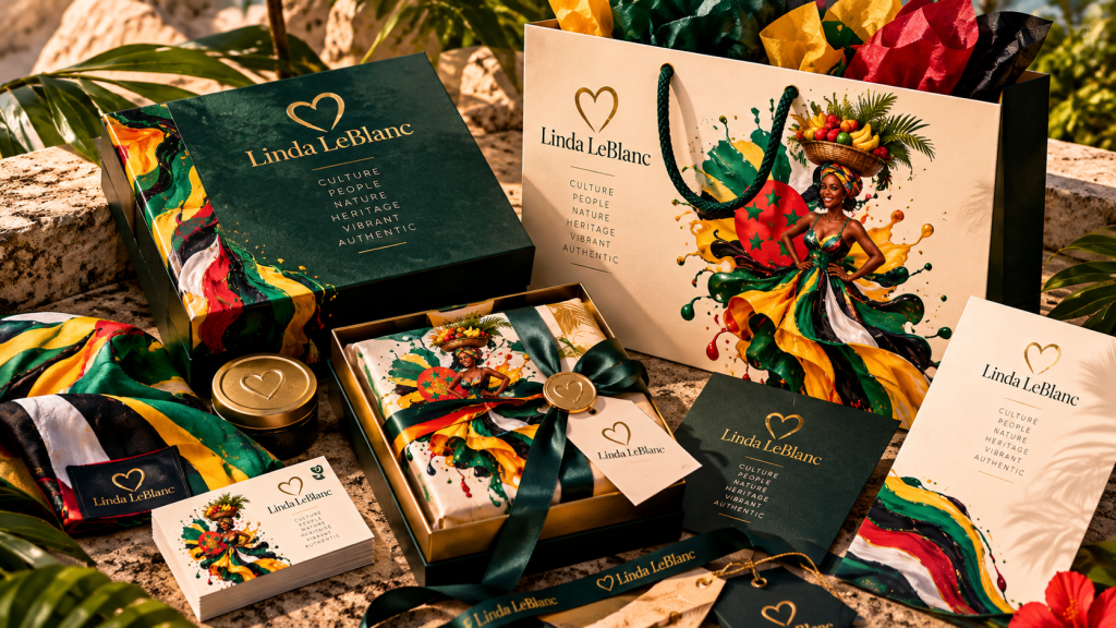 Linda LeBlanc Caribbean-inspired luxury packaging presentation with shopping bag, gift box, ribbons, business cards and colorful Dominica artwork